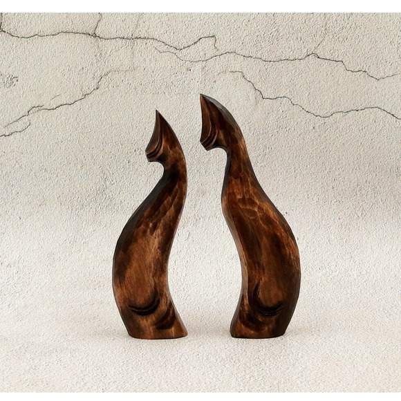 Handmade Wooden Figurine Cats Pair Unique Hand Carved Home Decor - Picture 1 of 4
